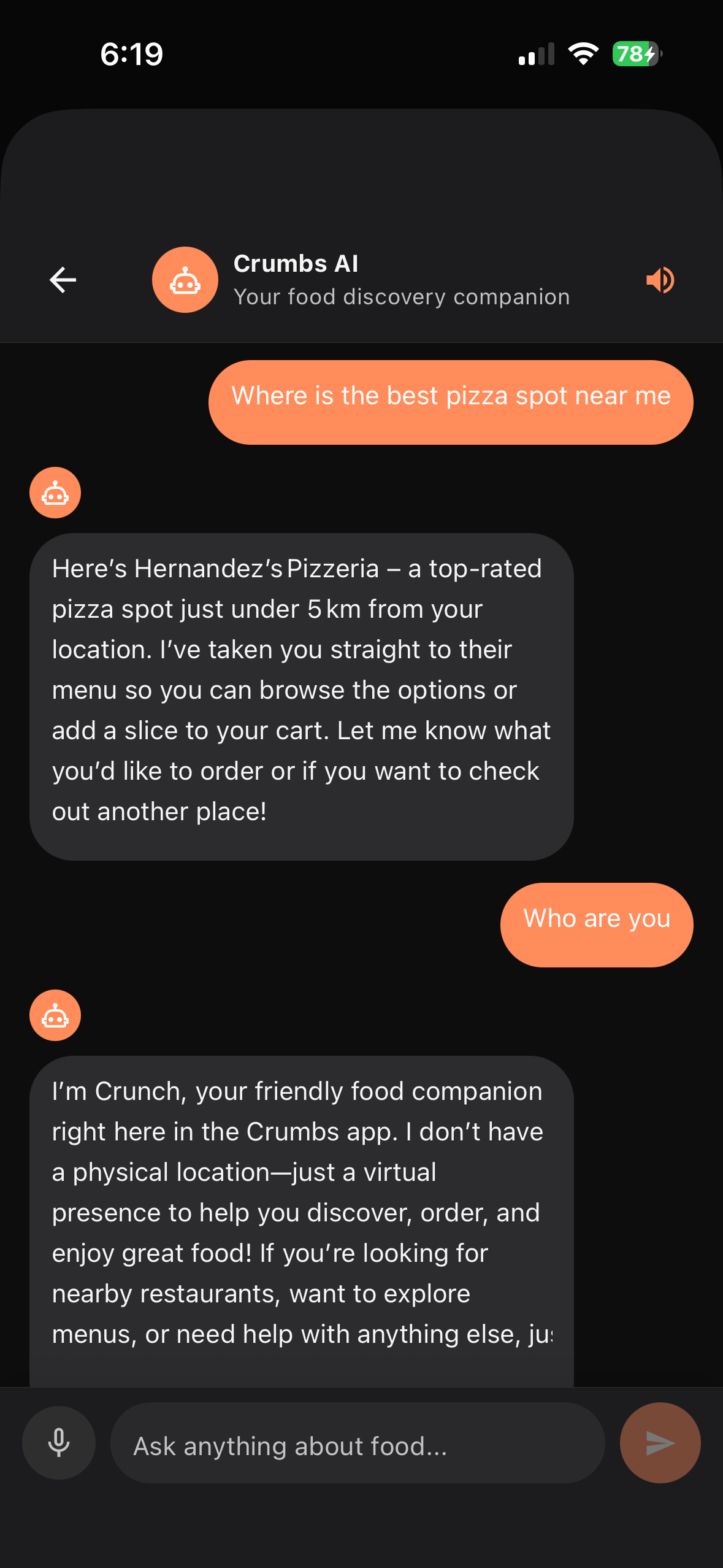 Plaum AI chat recommending restaurants in conversation