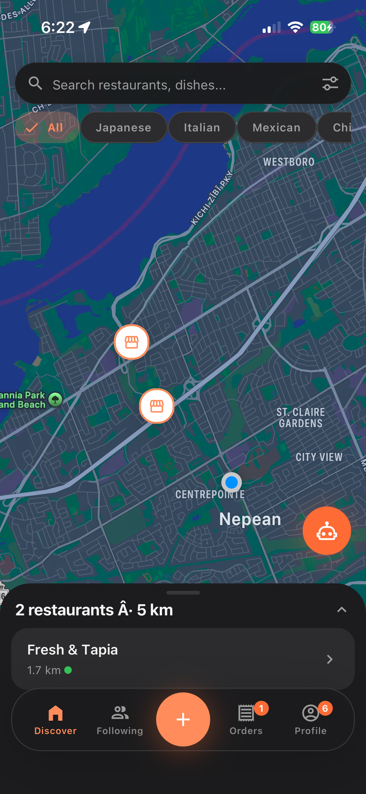 Map view with nearby restaurant discovery