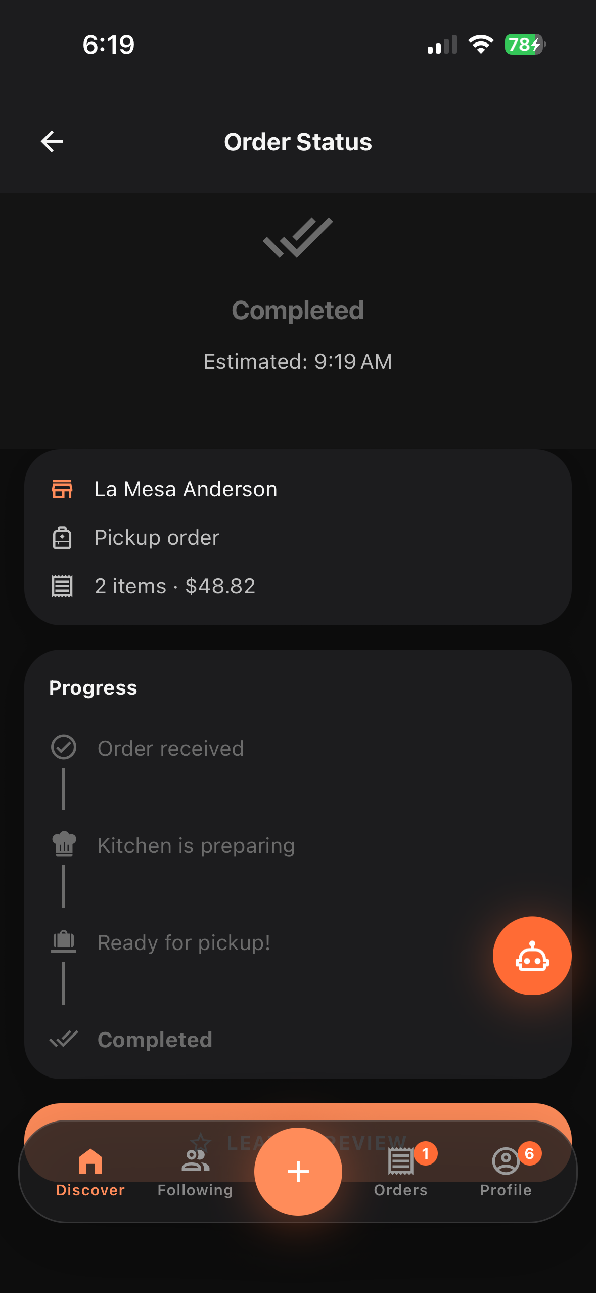 In-app restaurant ordering flow