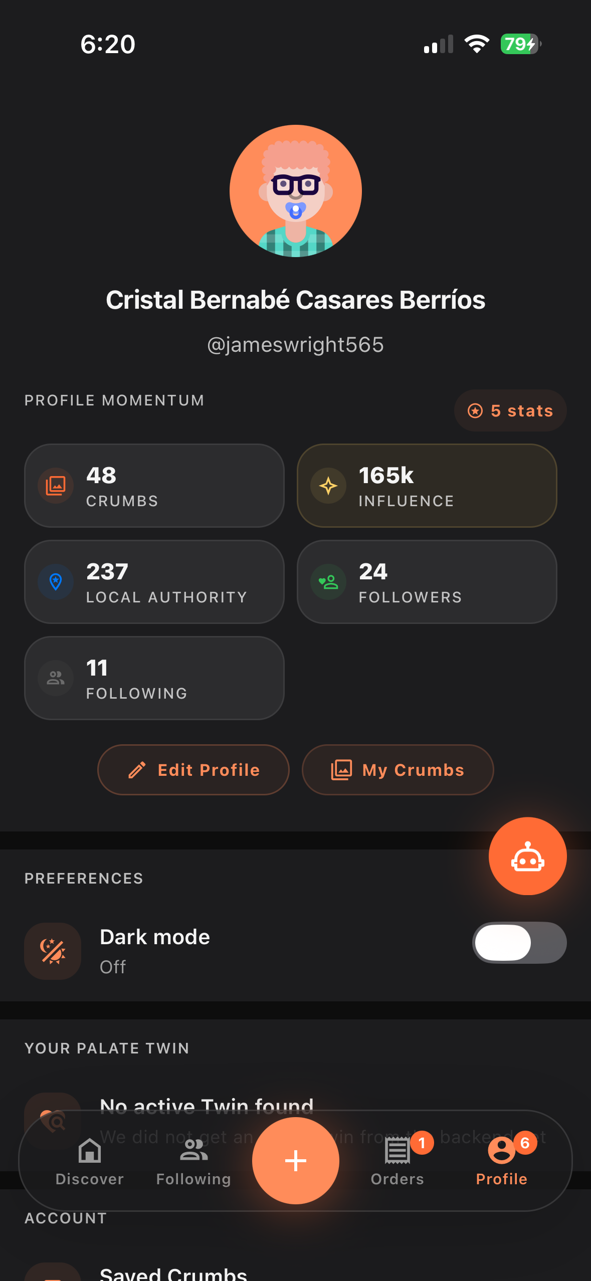 Taste profile showing user food preferences