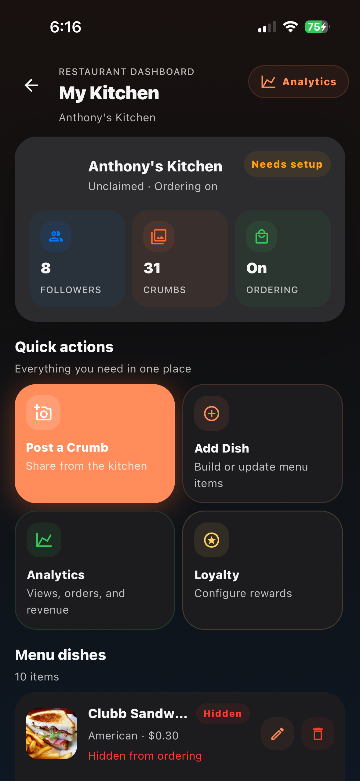 Restaurant profile page on Plaum