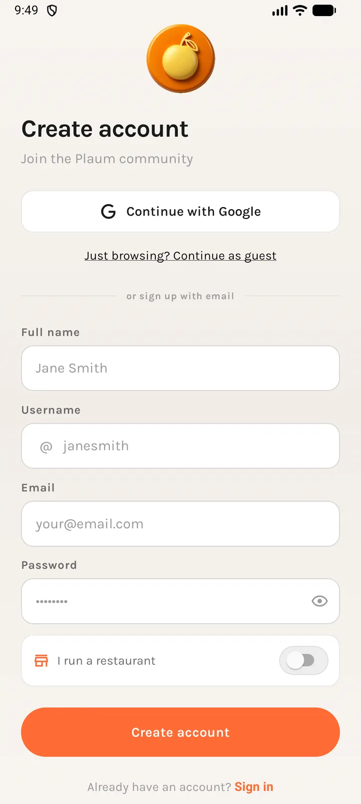The sign-up screen