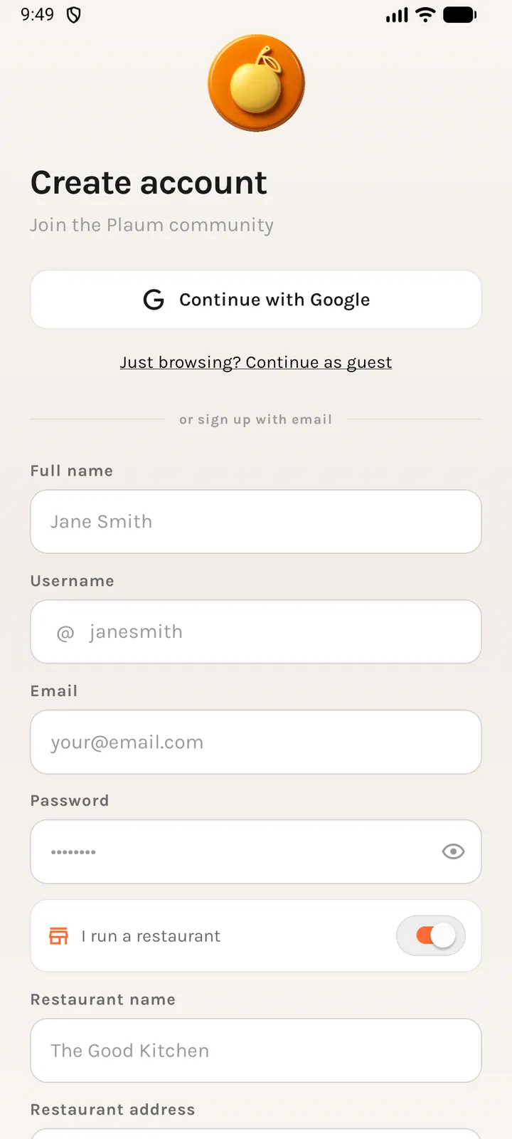 Sign-up with the restaurant toggle on