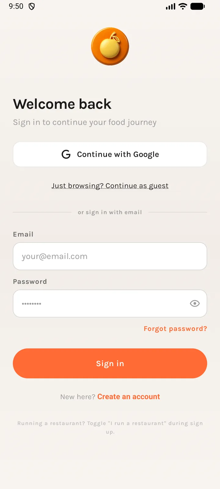 The login screen