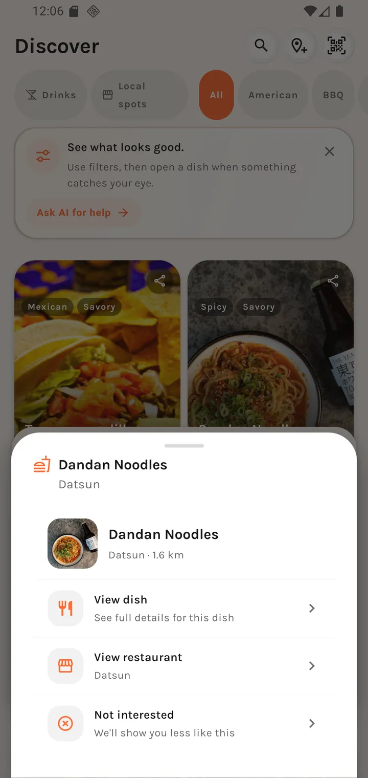 The long-press menu on a dish card