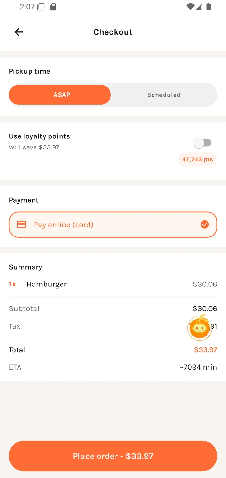 The checkout screen