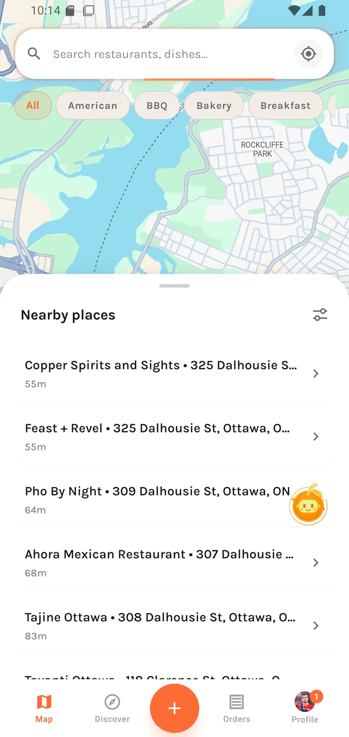 The nearby places list expanded