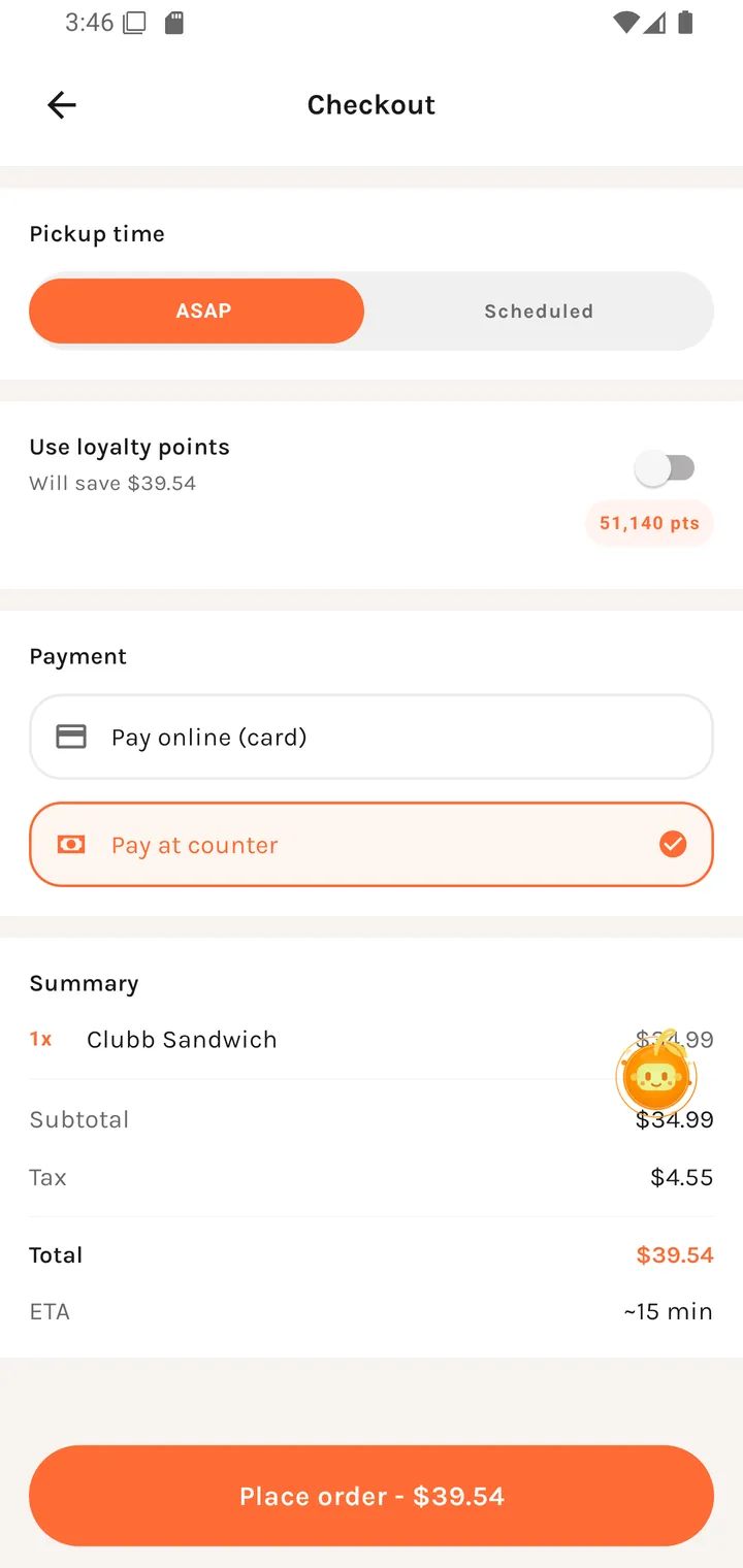 Checkout with pay at counter selected