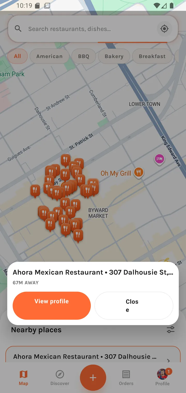 A restaurant pin callout on the map