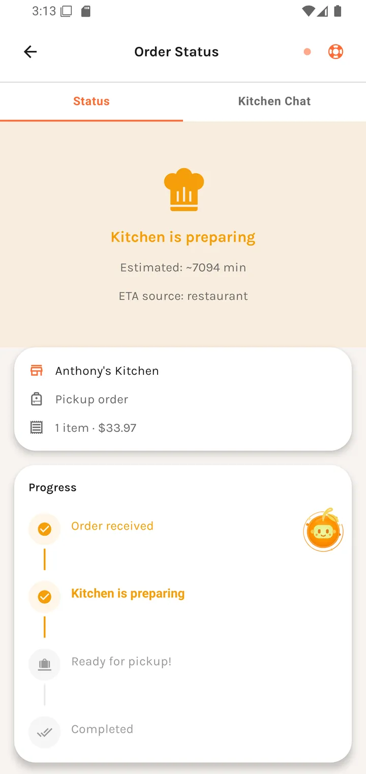 Order status — kitchen is preparing