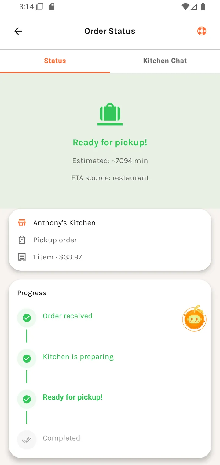 Order status — ready for pickup
