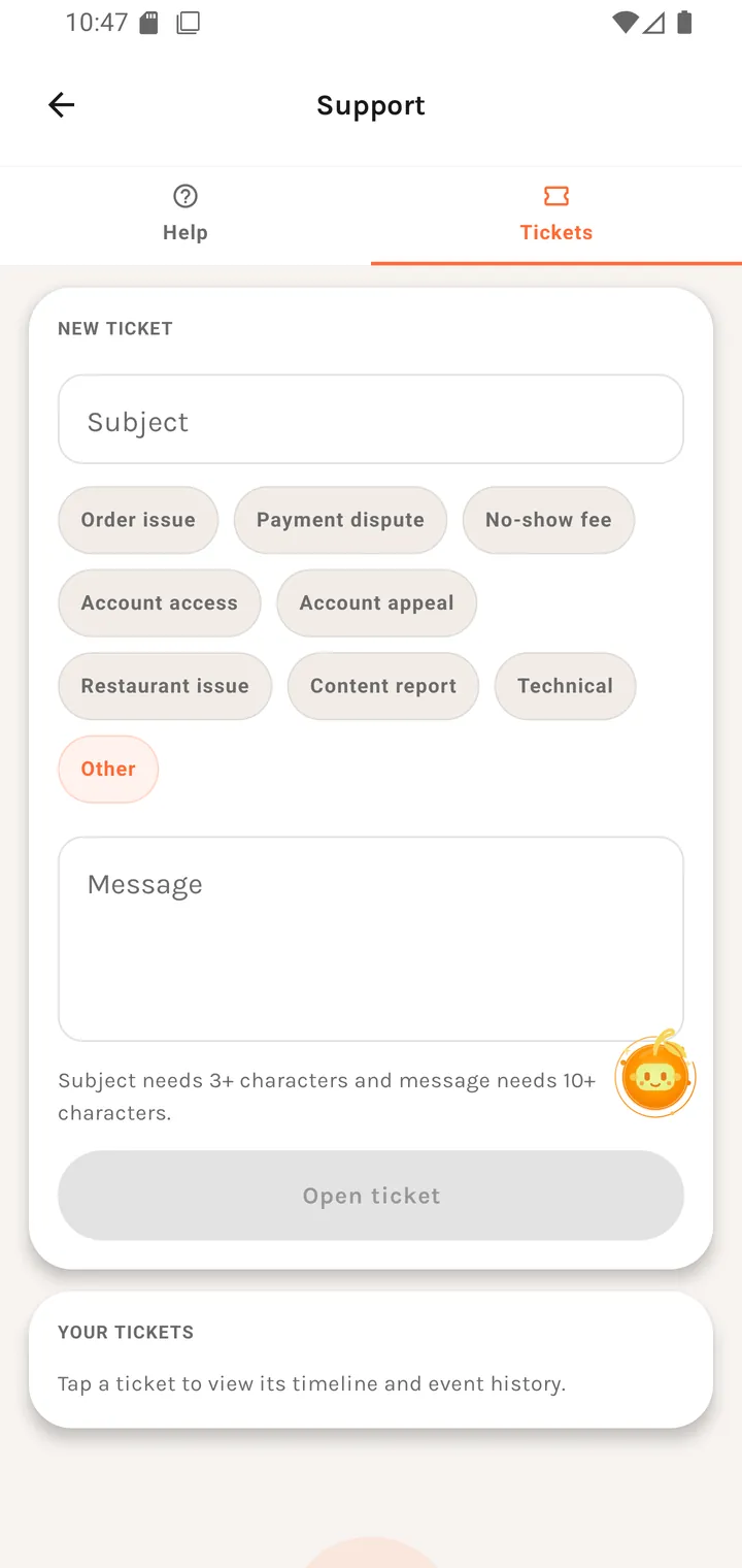 Support — the Tickets tab
