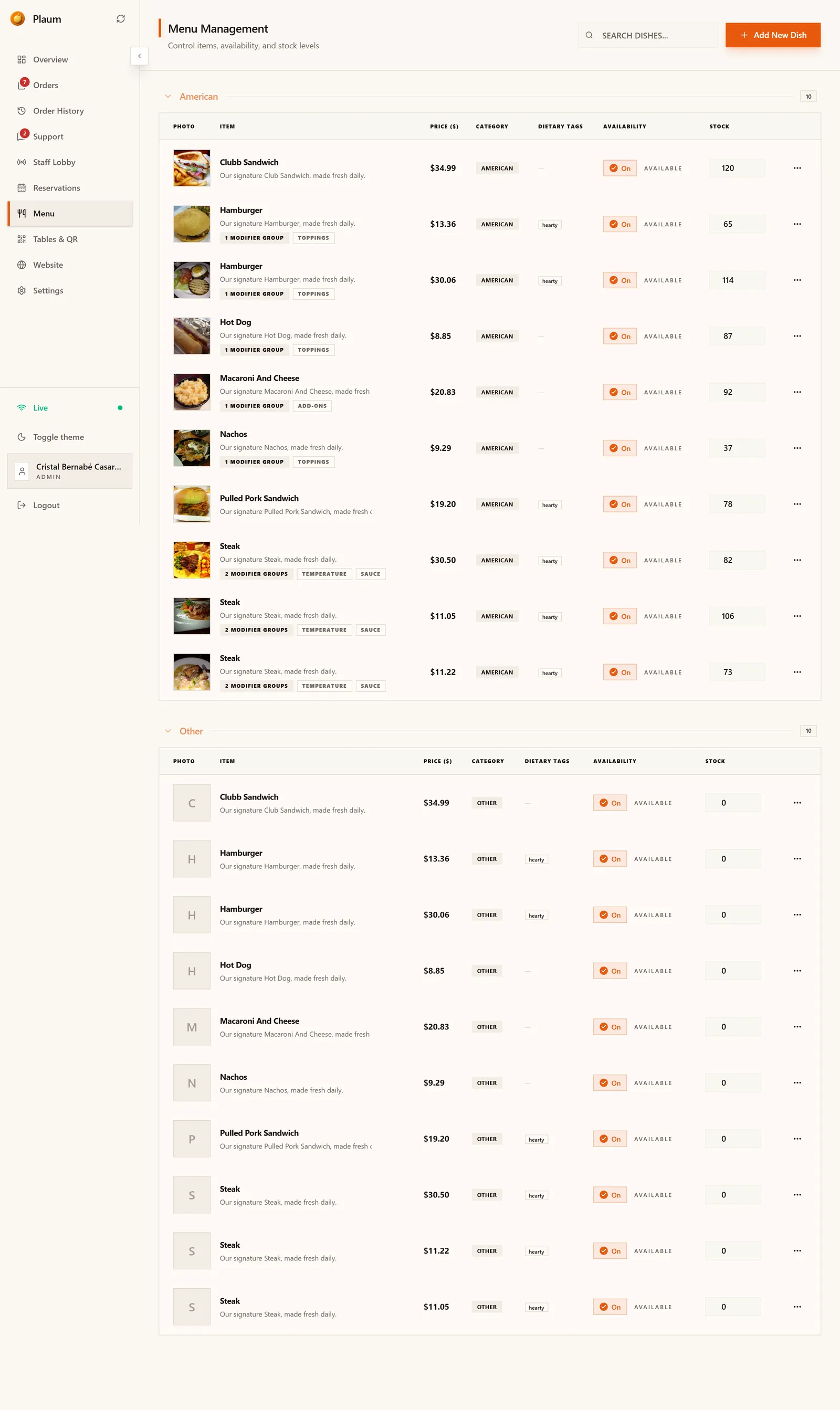 The Menu Management screen