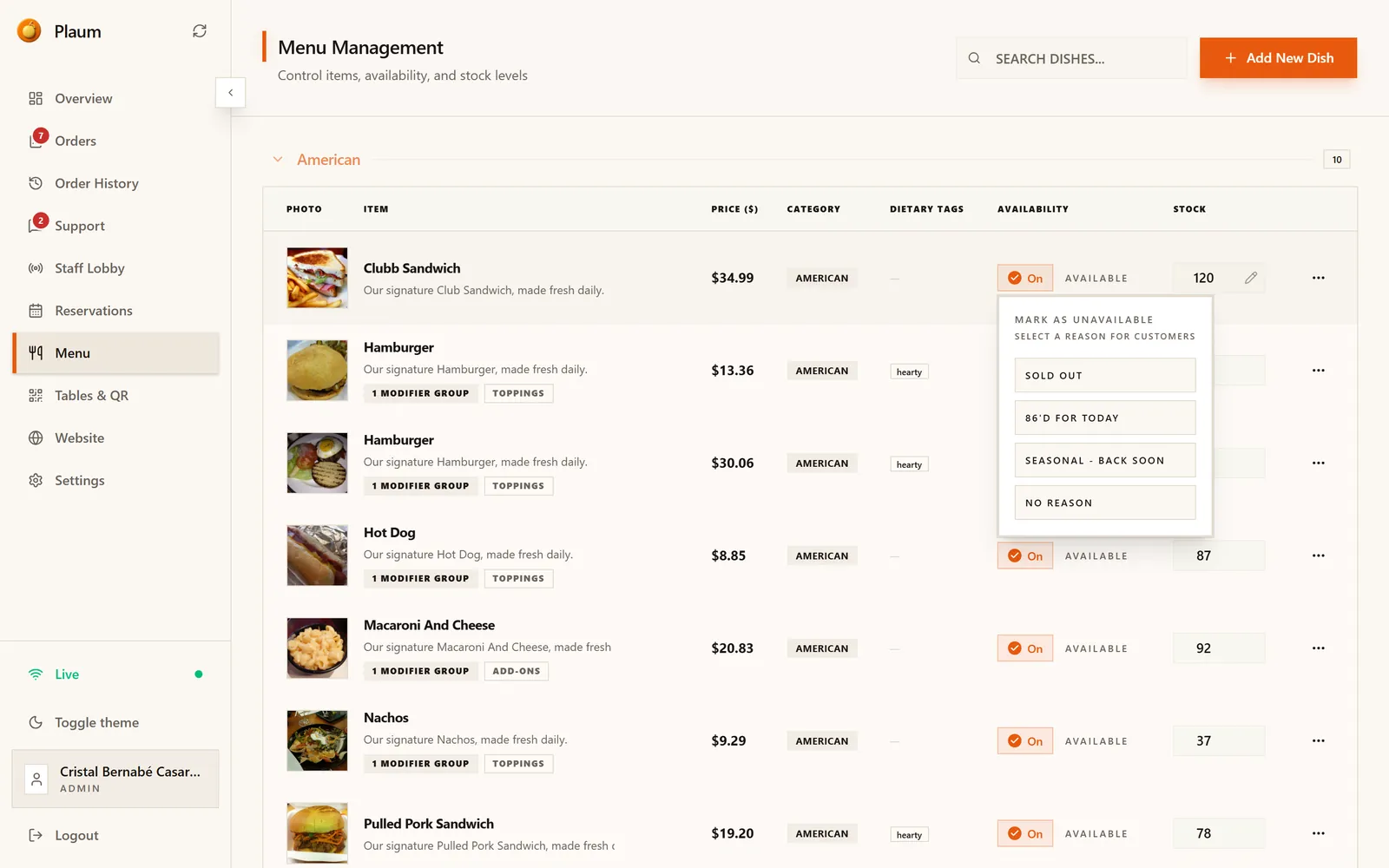 Choosing a reason a dish is unavailable