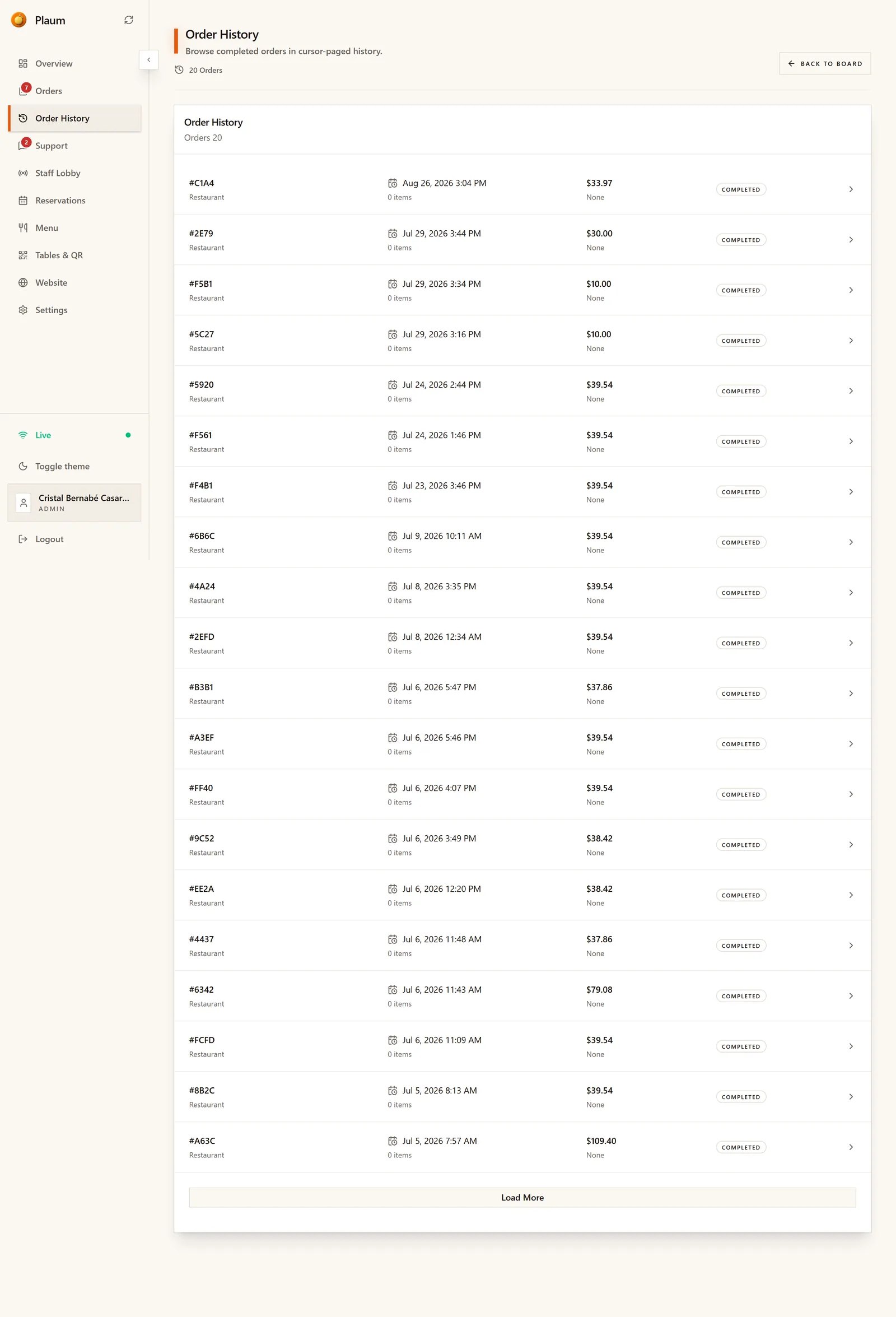 The Order History list