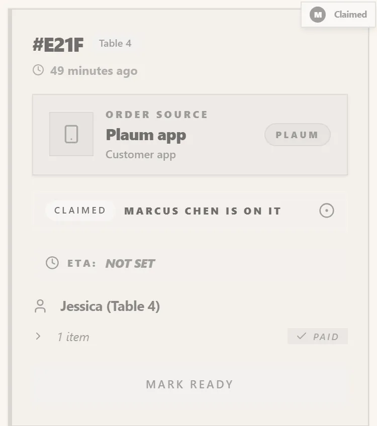 An order claimed by another staff member