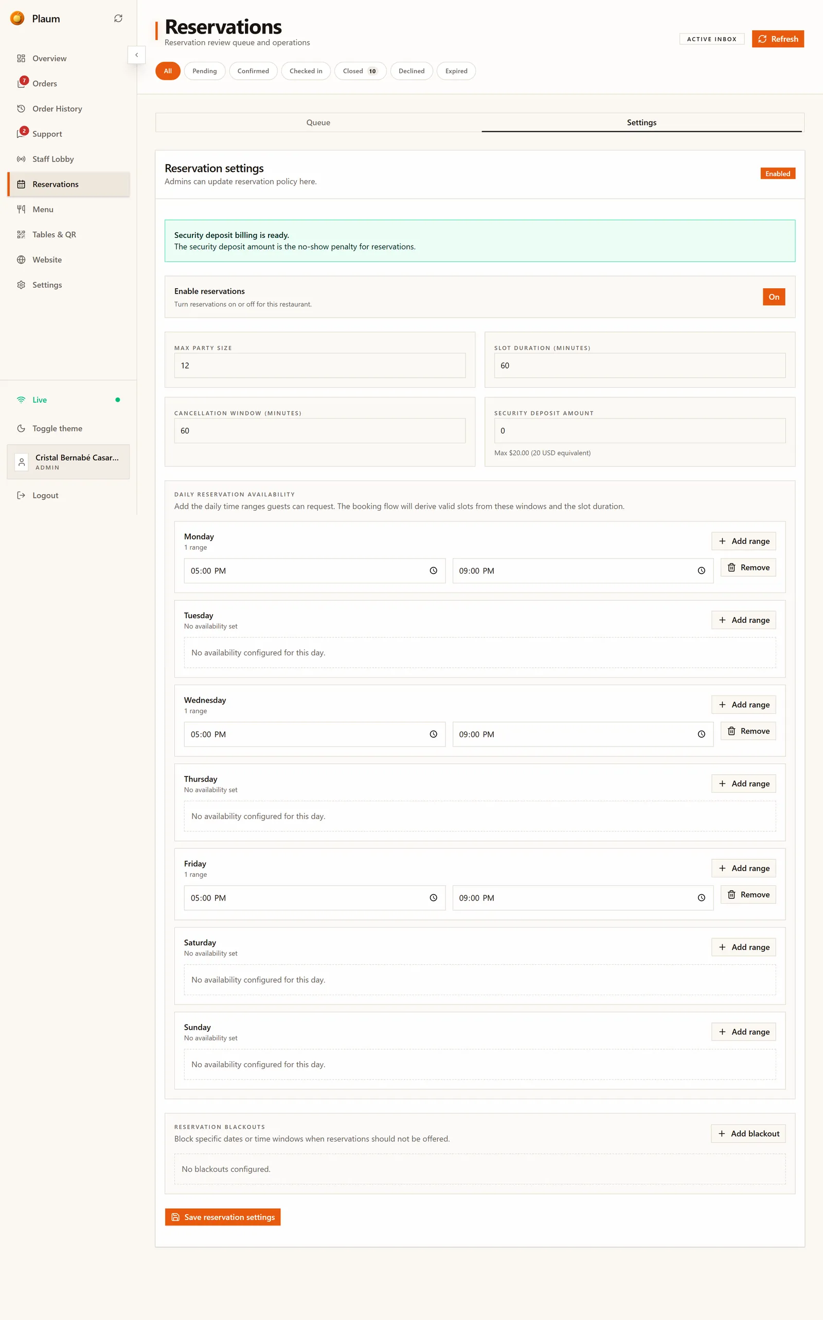 The reservation settings tab