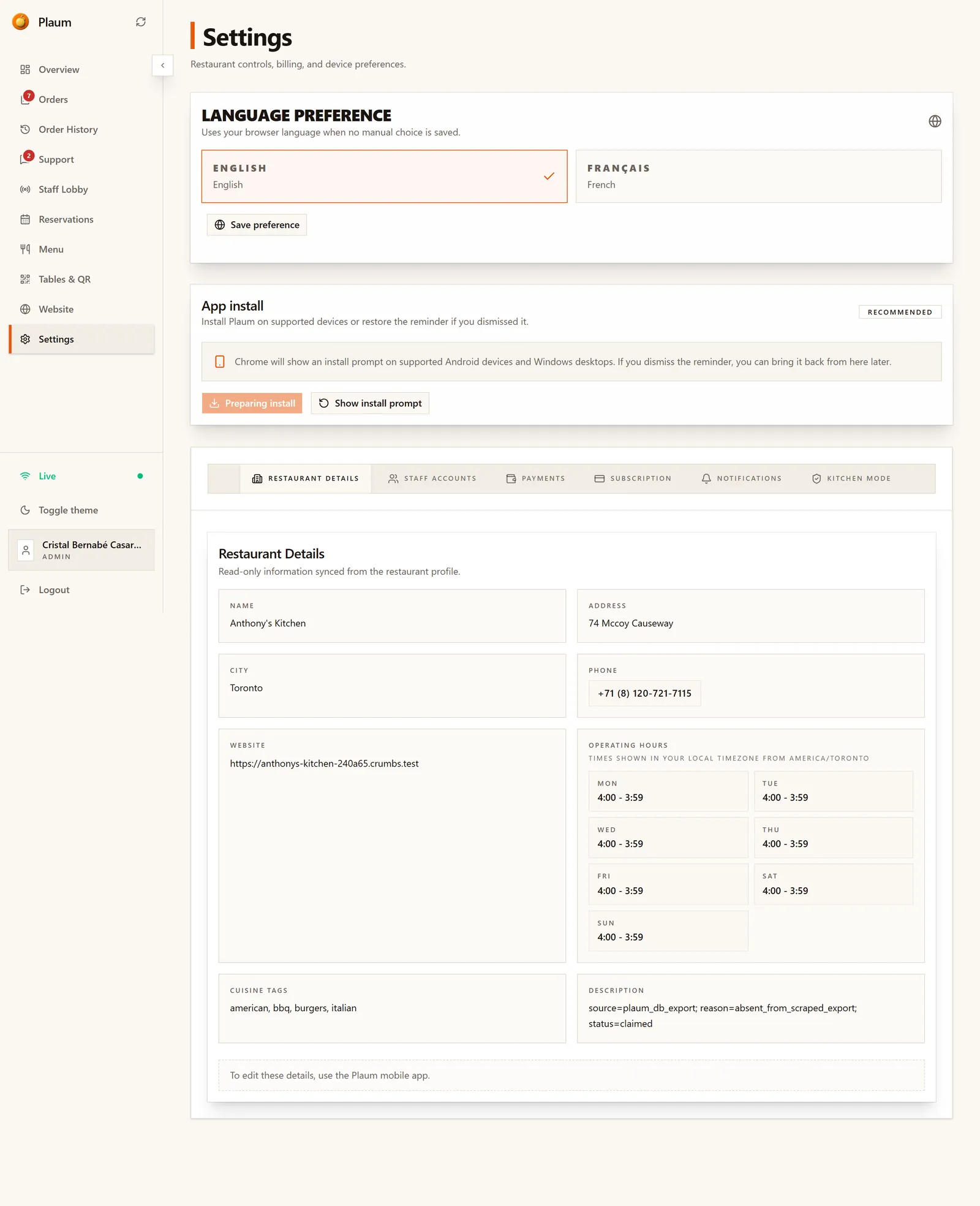 The Settings screen