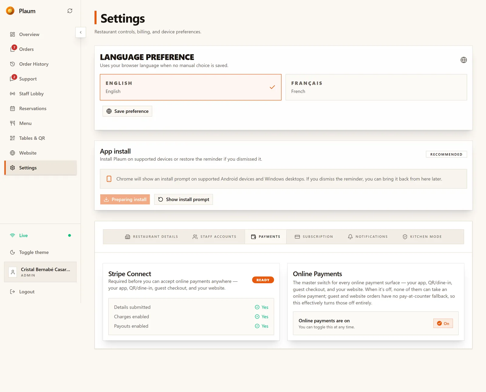The Payments tab