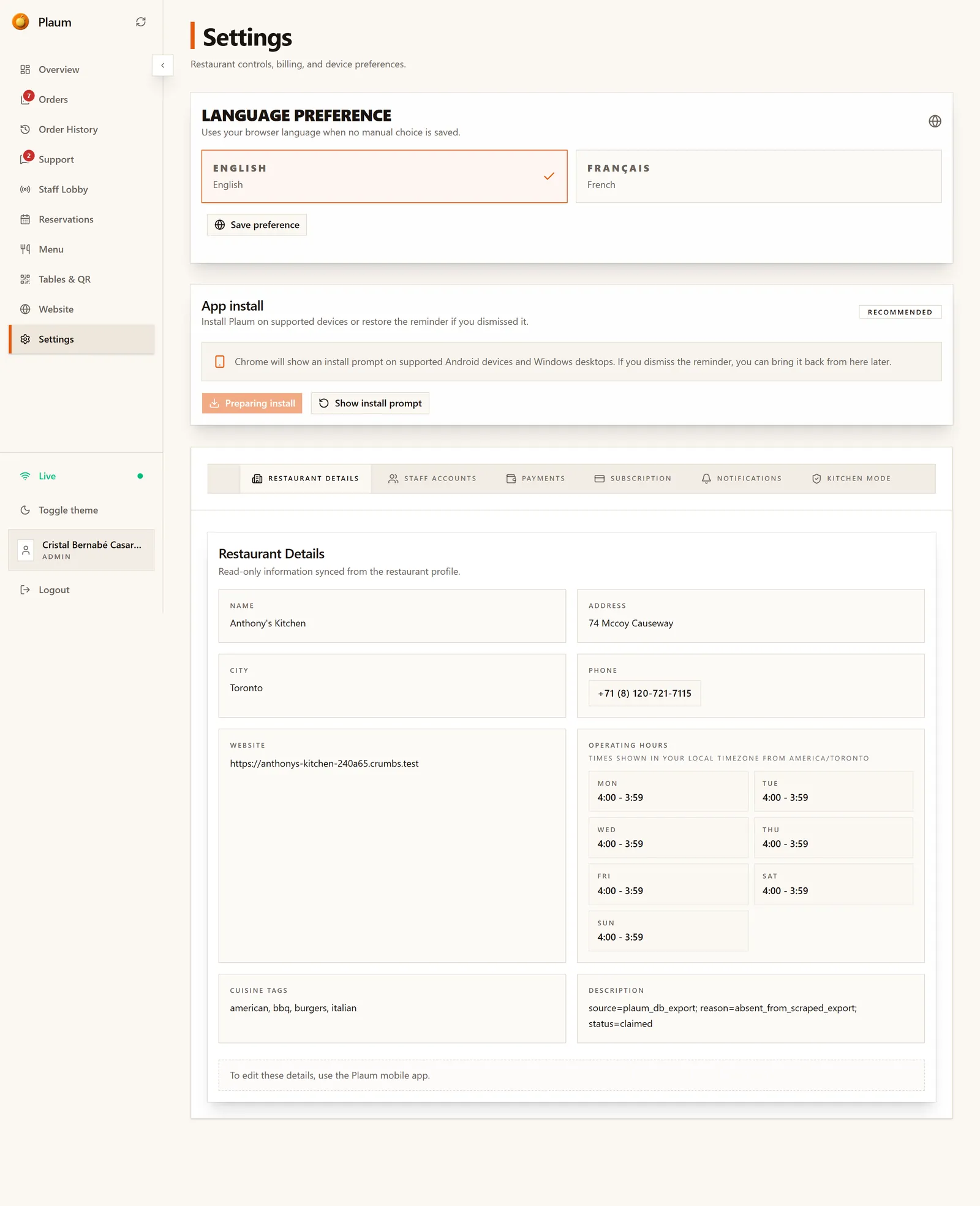 The Restaurant Details tab