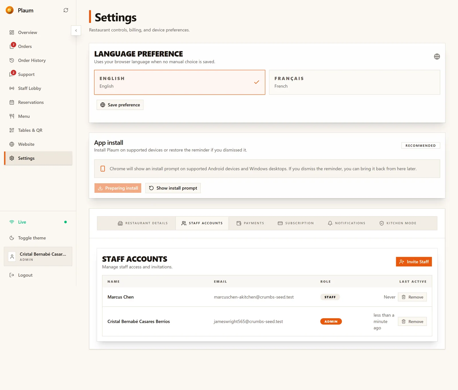 The Staff Accounts tab