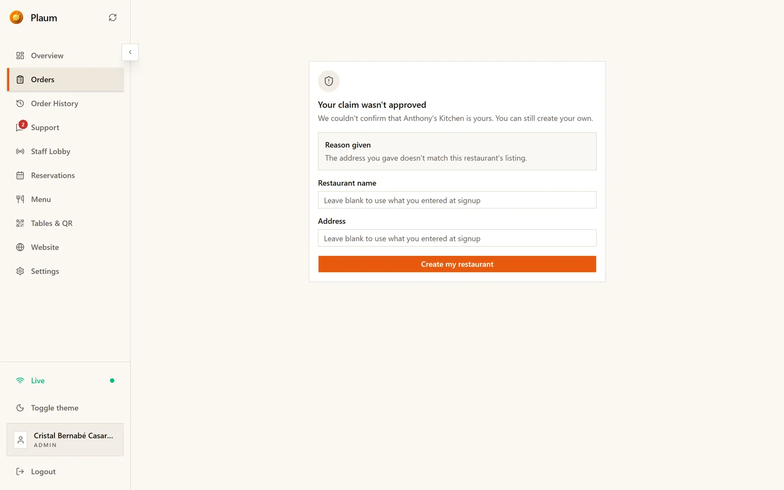 The rejected-claim variant of the same screen