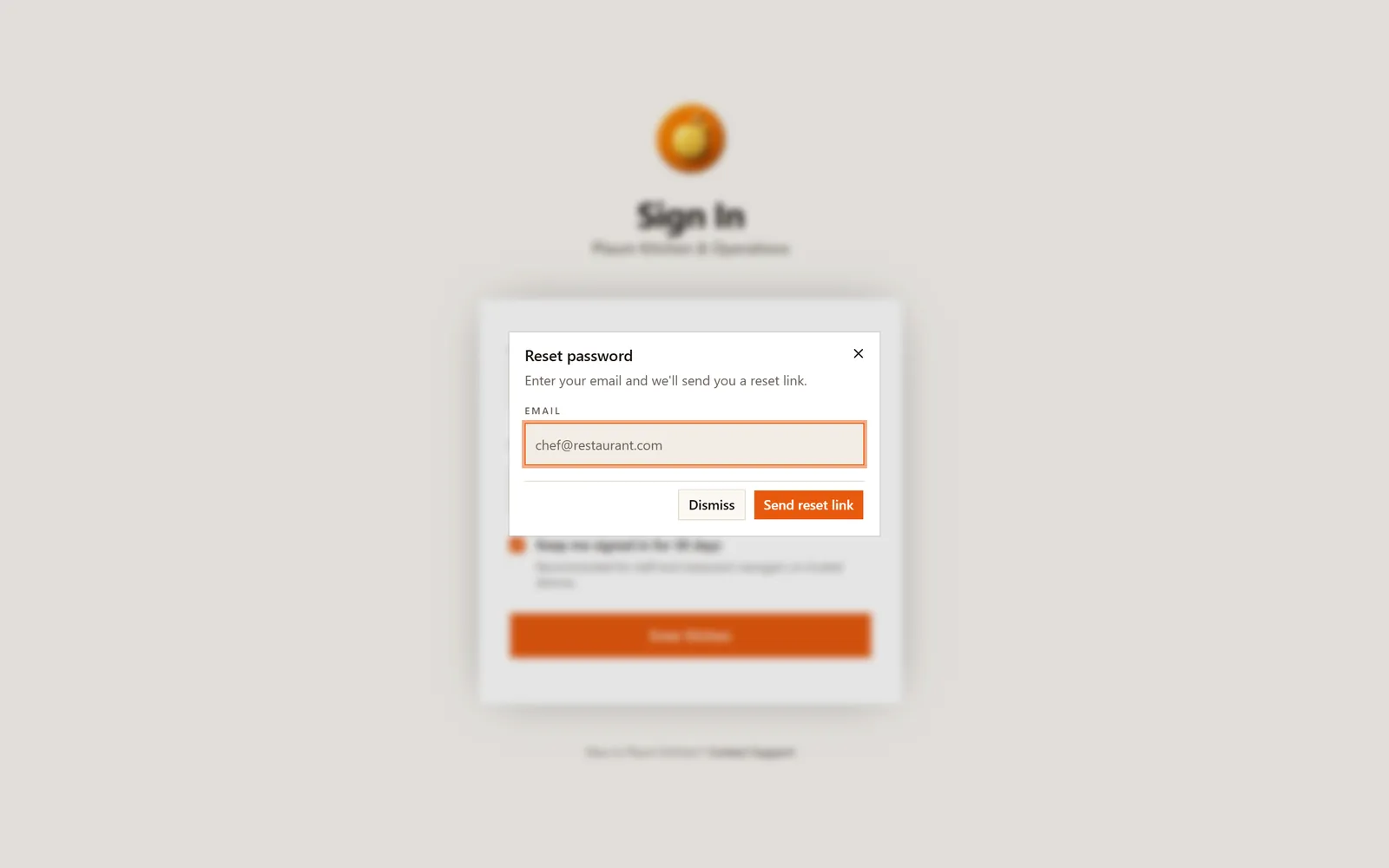 The reset password dialog
