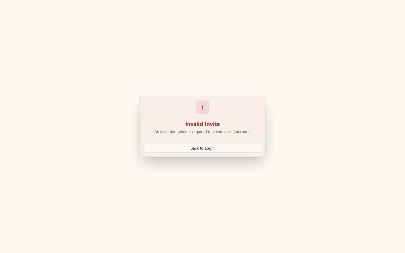 The invalid invite screen