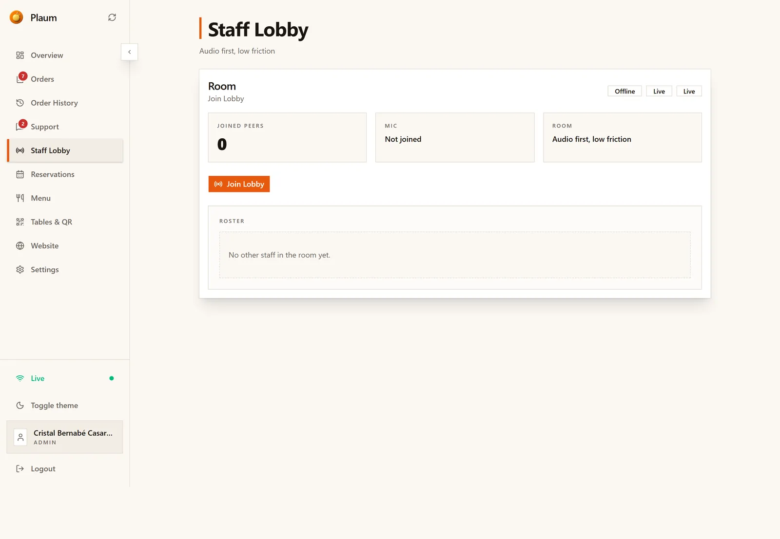 The Staff Lobby screen