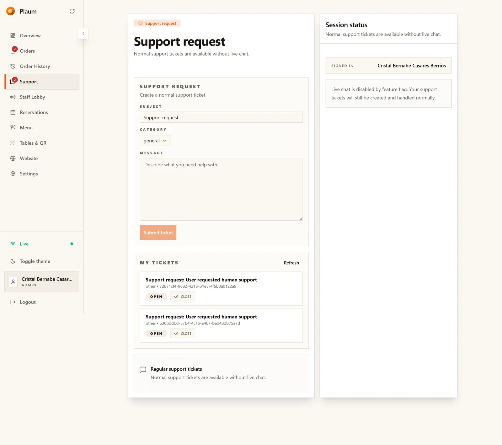 The Support screen