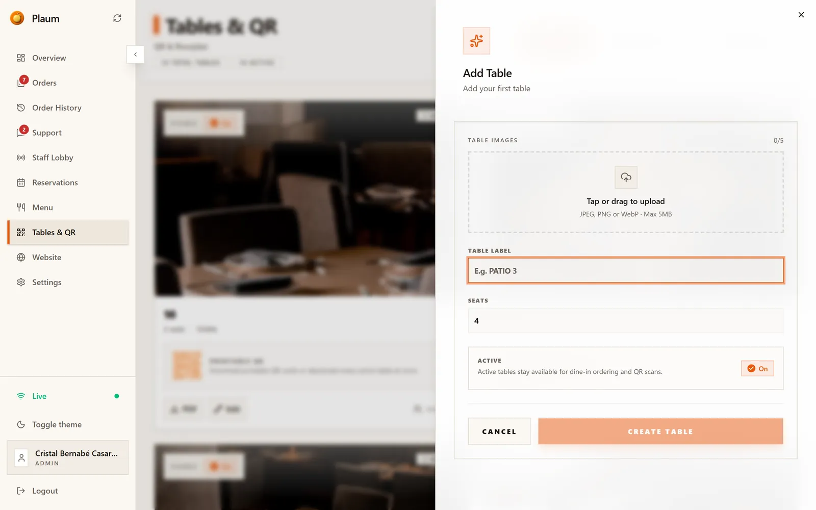 The Add Table panel