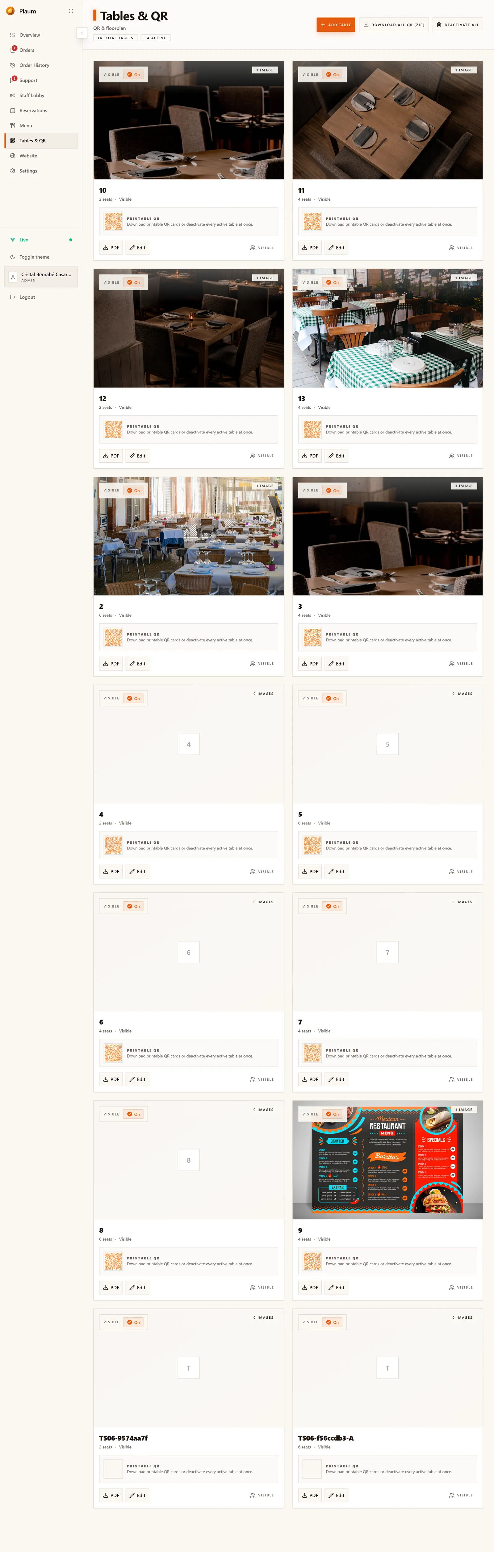 The Tables & QR screen
