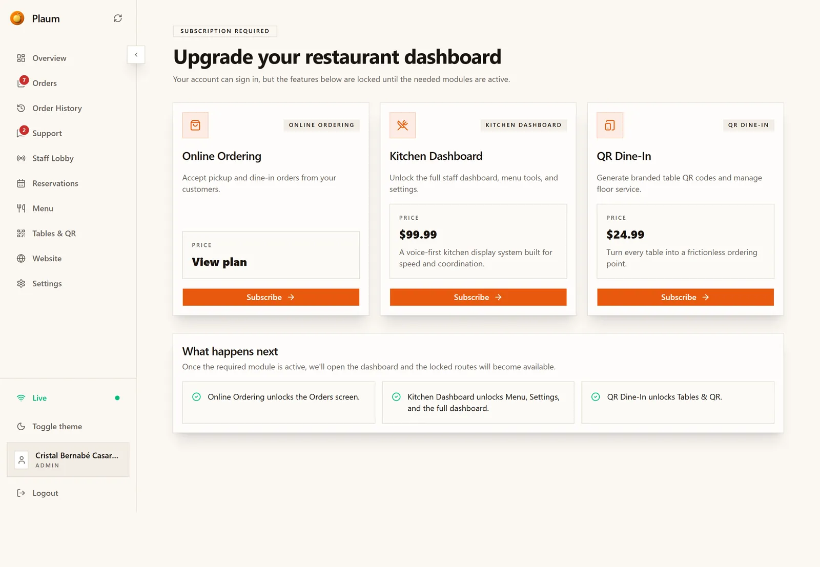 The Upgrade screen
