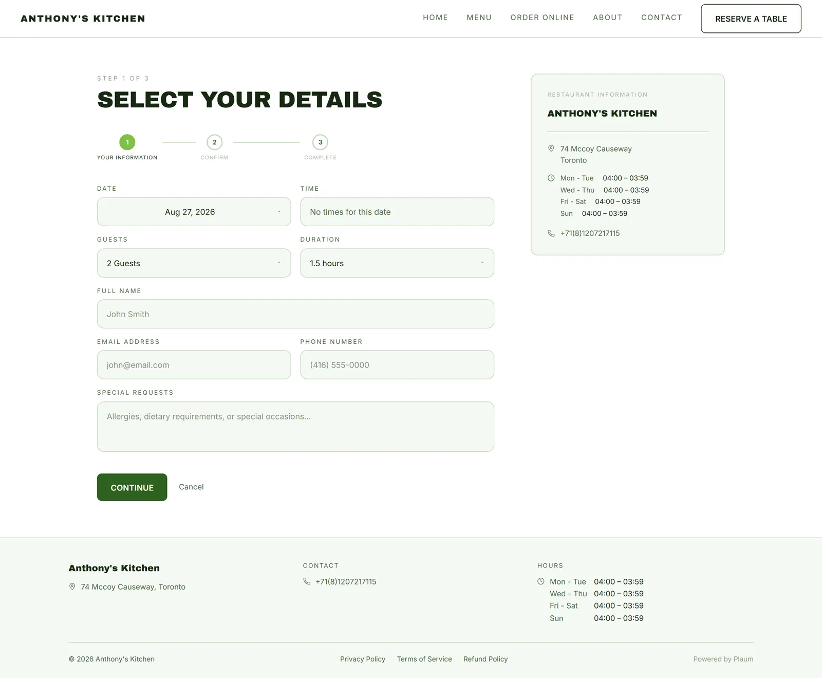 The reservation page